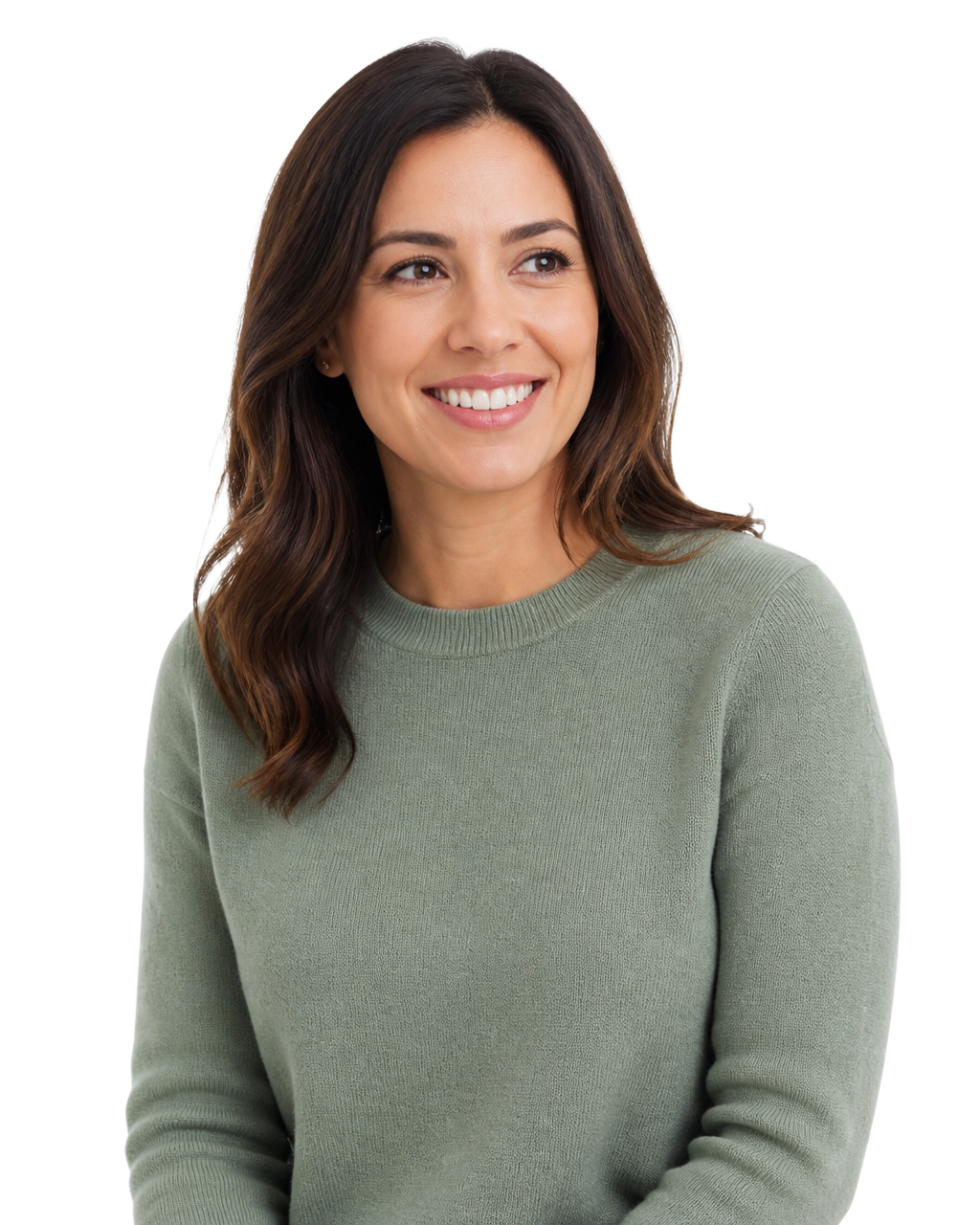 A person smiling in a sage green sweater