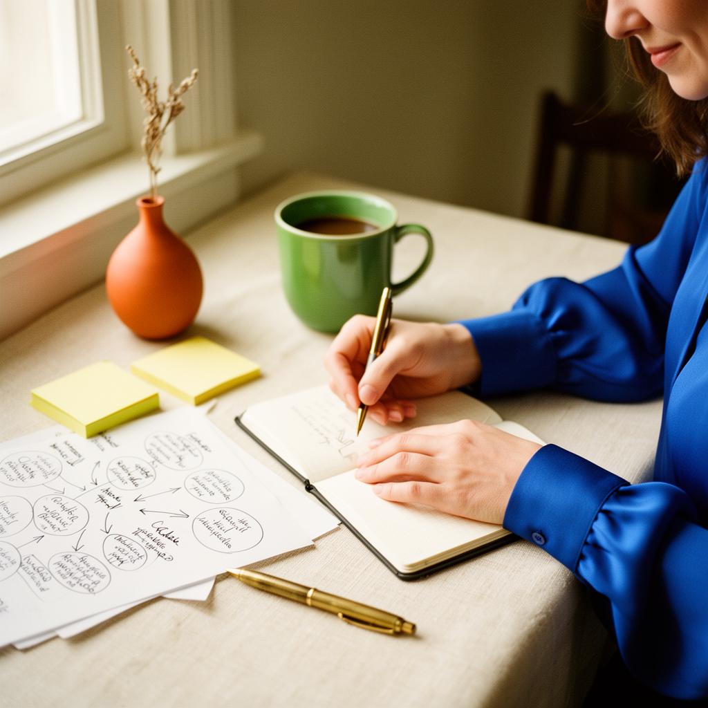 Hands writing in a navy notebook with a brass pen, warm morning light