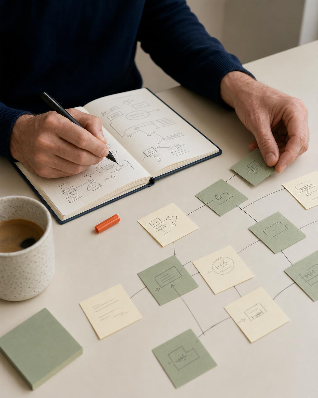 Hands writing in a navy notebook beside cream and sage sticky notes arranged into a system
