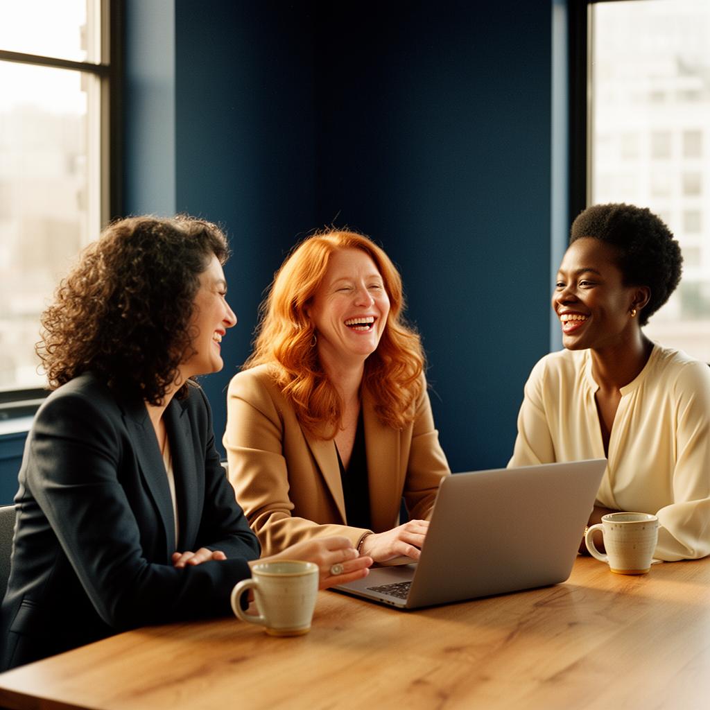 Three professional women laughing together at a marble table
