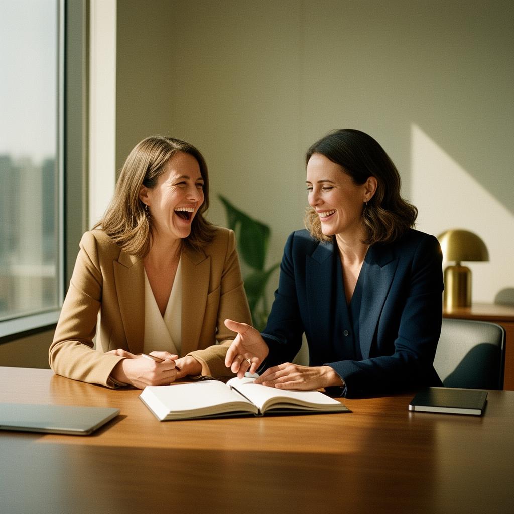 Two professional women laughing over a laptop in warm office light