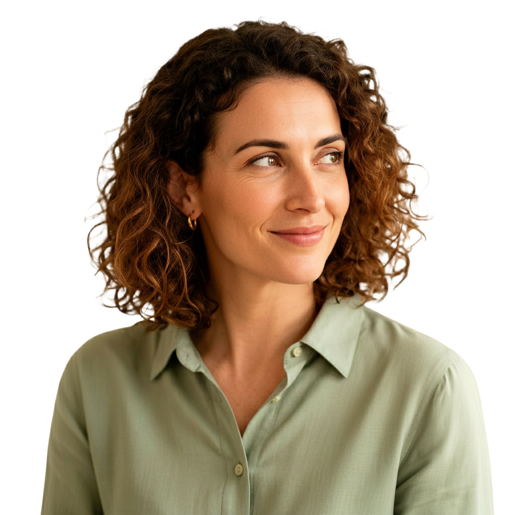 A woman in a sage shirt holding a cream mug, looking off thoughtfully