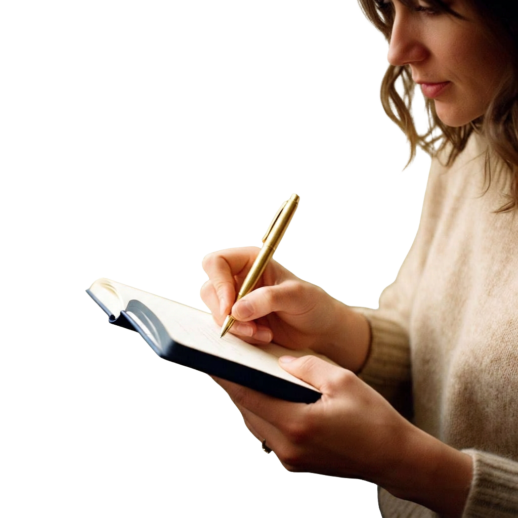 A woman writing in a navy notebook with a brass pen in warm window light